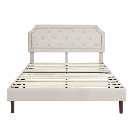 Luxury Linen Upholstered King Bed Frame, Sturdy Solid Wood Slat Support