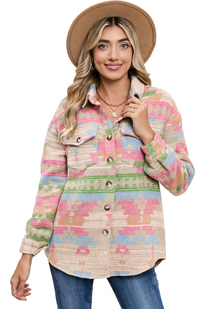 Multicolor Button Up Flap Pockets Geometric Jacket for Women - Eloy Royal