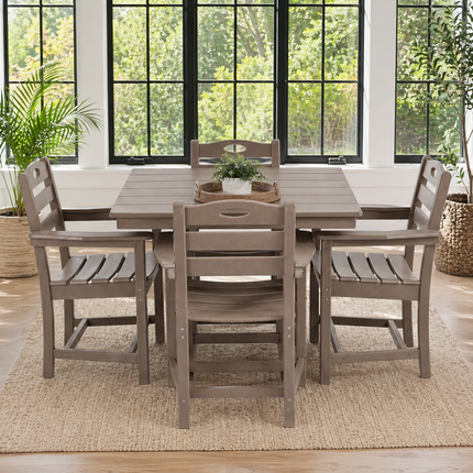 Weathered Wood HDPE 5-Piece Outdoor Patio Dining Set with Square Table, Umbrella Hole and 4 Armchairs