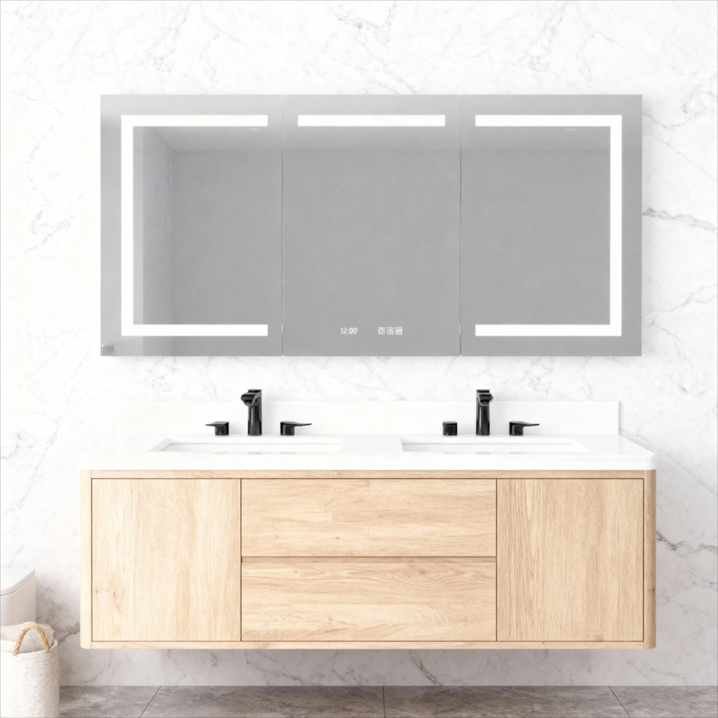 60 in. W x 30 in. H Rectangular Silver Aluminum Recessed/Surface Mount Medicine Cabinet with Mirror LED and Clock