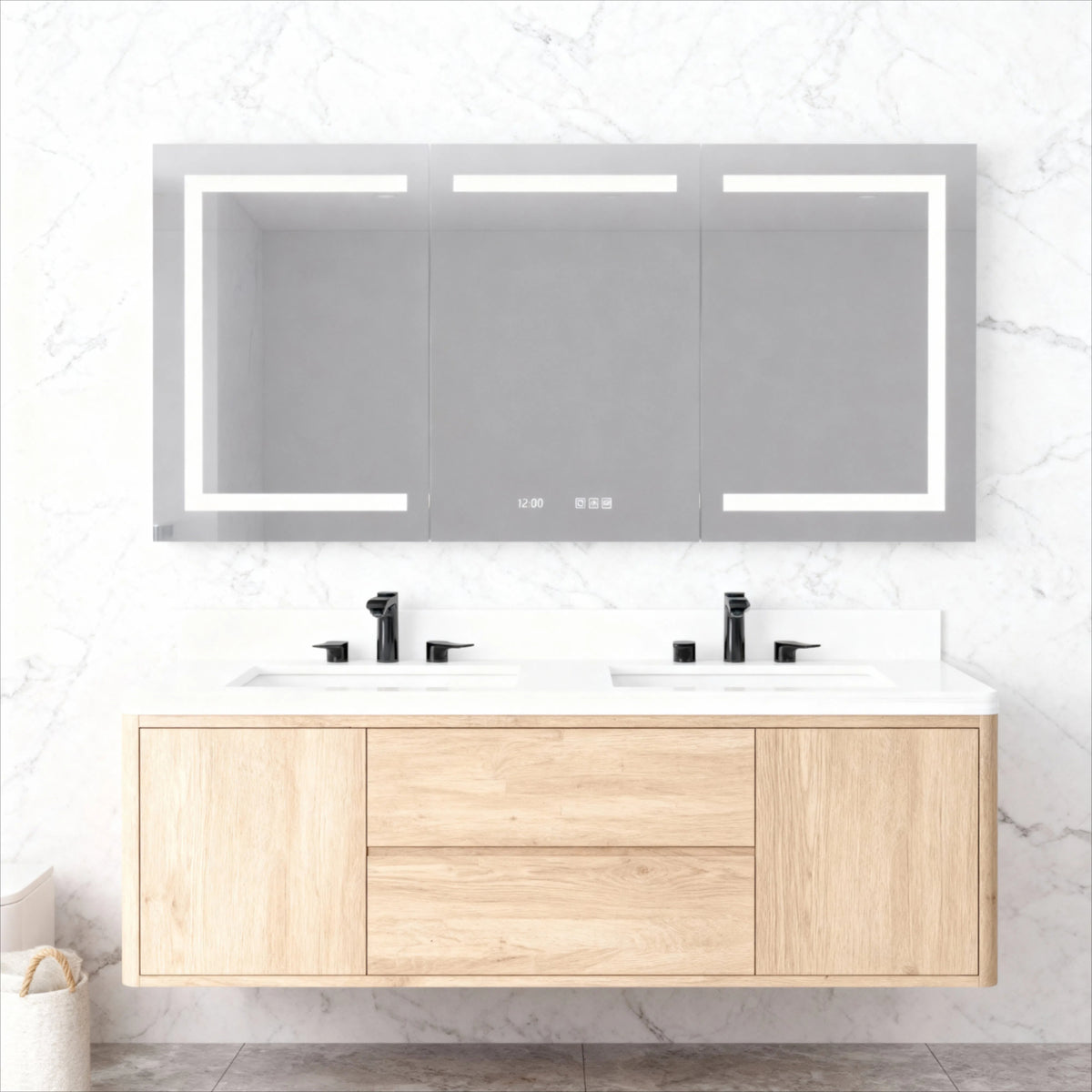60 in. W x 30 in. H Rectangular Silver Aluminum Recessed/Surface Mount Medicine Cabinet with Mirror LED and Clock