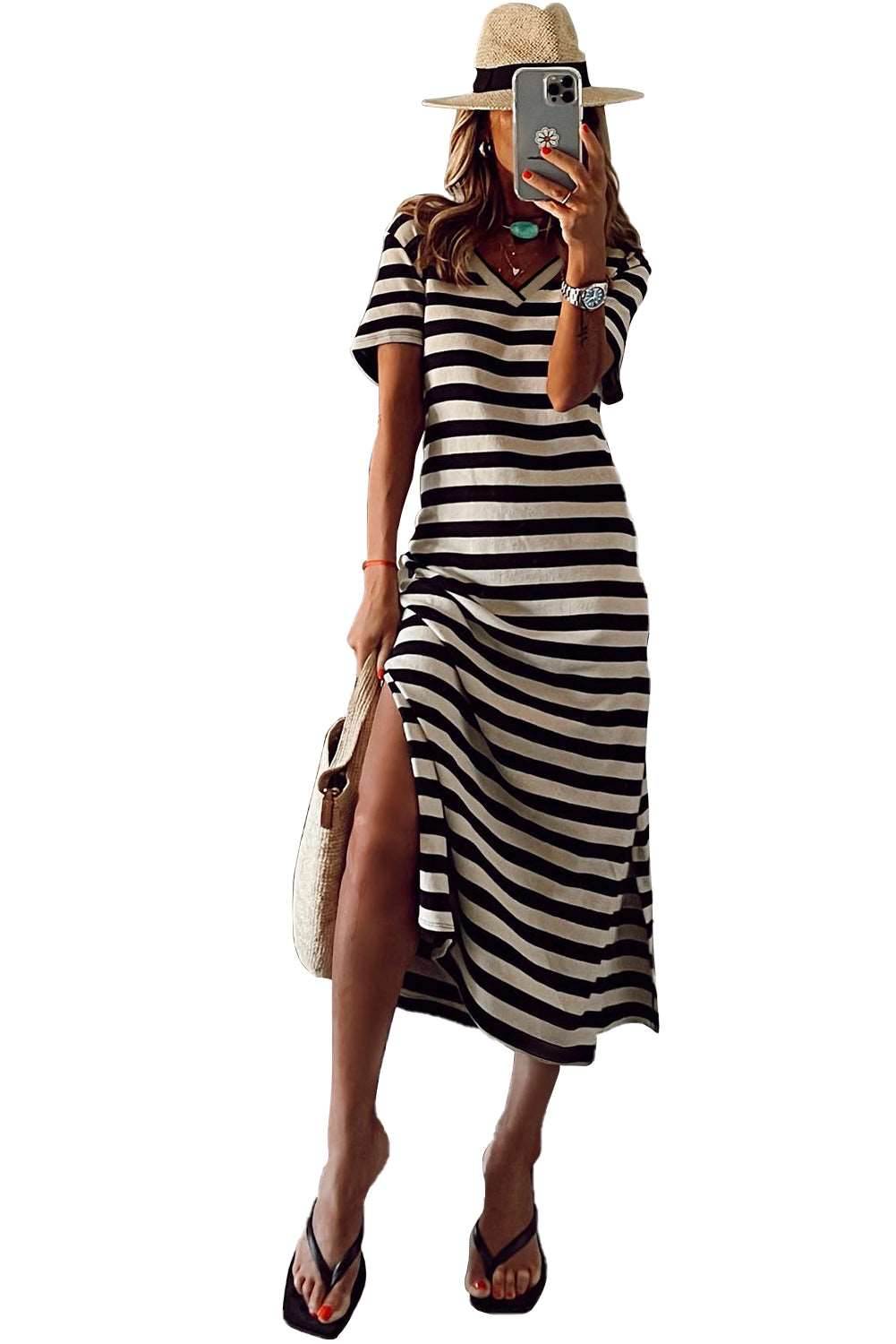 Black Casual Striped Print V Neck Side Split Maxi Dress