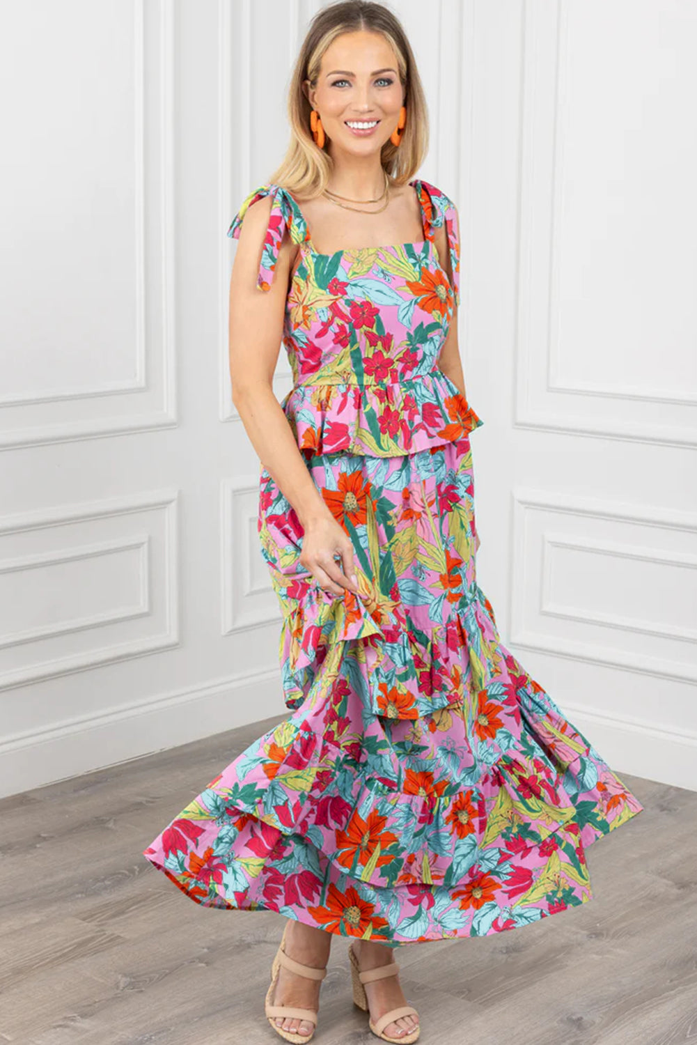 Multicolour Boho Floral Print Knot Strap Ruffle Layered Maxi Dress - Eloy Royal