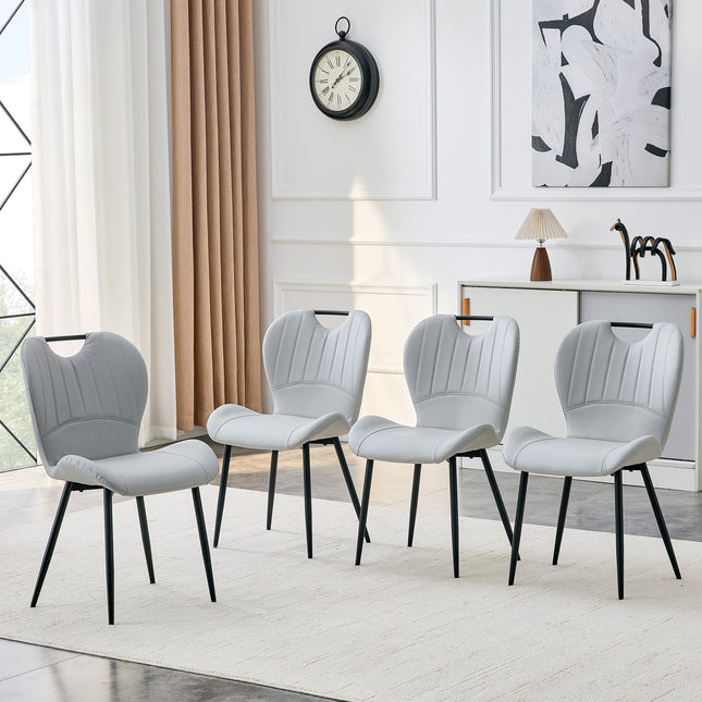Set of 4 Light Grey PU Dining Chairs with Integrated Handle. Black Metal Frame, Adjustable Leveling Feet. Home Dining Chairs with Extra-Wide Comfortable Cushion, Versatile for Multiple Scenarios.