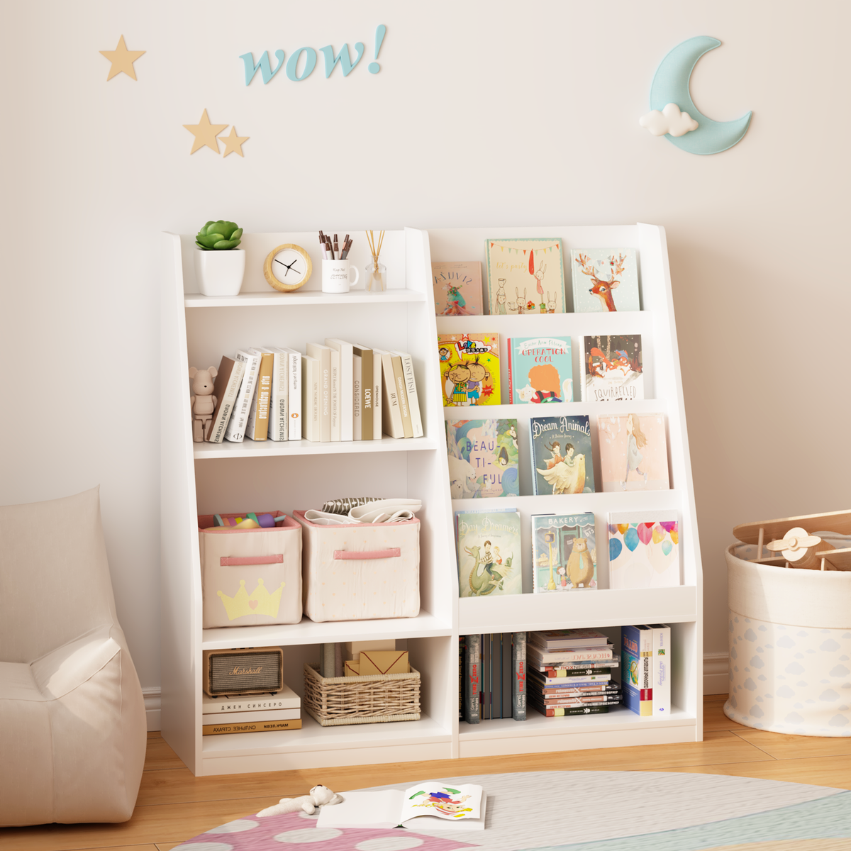 Kids Bookshelf and Toy Storage Organizer, Multifunctional 4 Tier Wooden Kids Book Shelf with Bookcase Display Stand in Kids Room Playroom Nursery for Kids, Children, Toddlers (White)