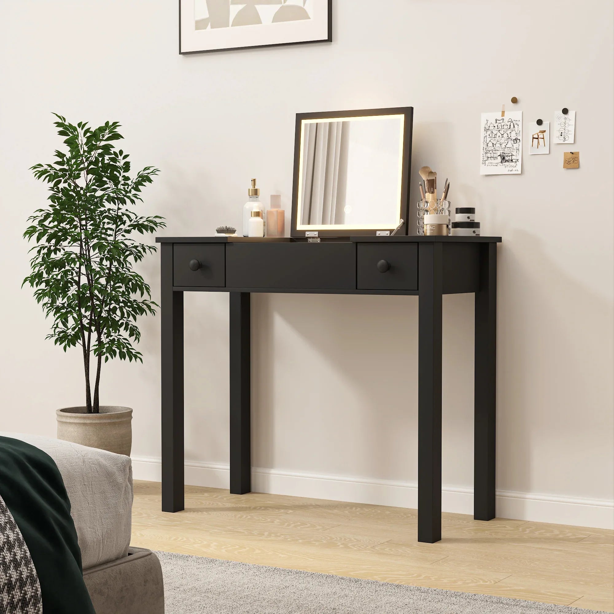 Makeup Vanity Desk with Mirror - 3-Level Adjustable LED Lighting, Flip-Top Storage 2 Drawers & 3 Removable Organizer Boxes, Multifunctional Compact Dressing Table for Bedroom, 15.75 Inch Width-Black - Eloy Royal