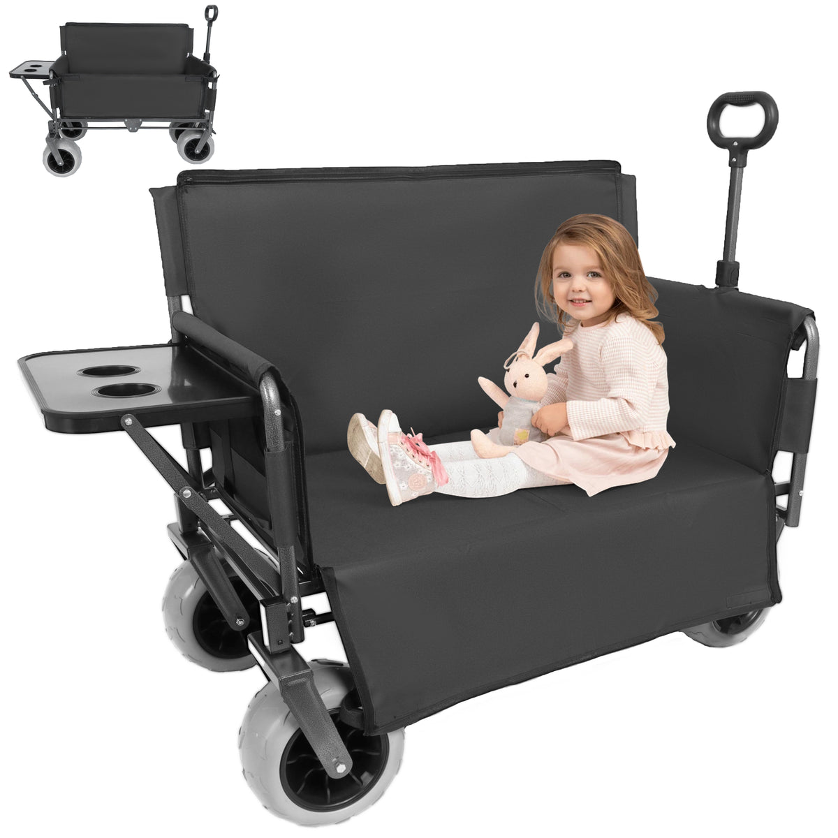 3-in-1 Collapsible Wagon Converts to Bench Convertible Folding Wagon Cart with Rear-Mounted Folding Tabletop, 500lbs Heavy-Duty, 180L Capacity for Camping, Beach, Garden, Fishing-Black