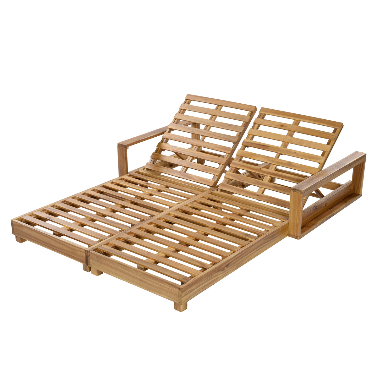Double Acacia Wood Chaise Lounge, Light Natural Finish 2-Person Outdoor Recliner with 4-Position Adjustable Backrests, 800 LBS Weight Capacity, Wooden Slatted Sunbed for Patio, Poolside & Backyard