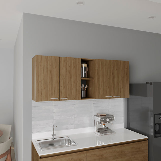 Wall Cabinet 24' H, Four Doors, Two Open Storage Shelves, Two Internal Shelves, Internal Dish and Glass Organizer