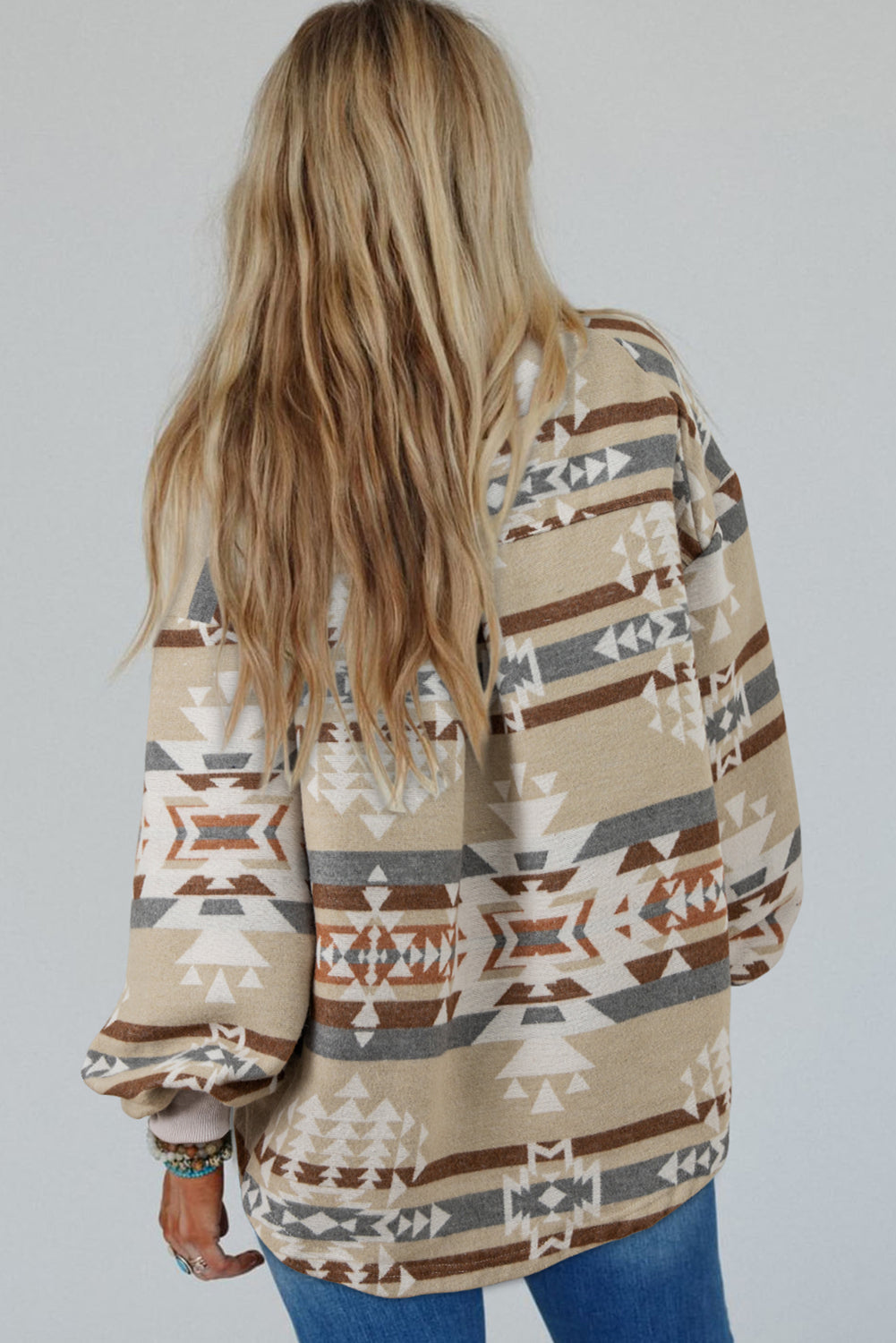 Apricot Geometric Print Collared Flap Pocket Sweatshirt