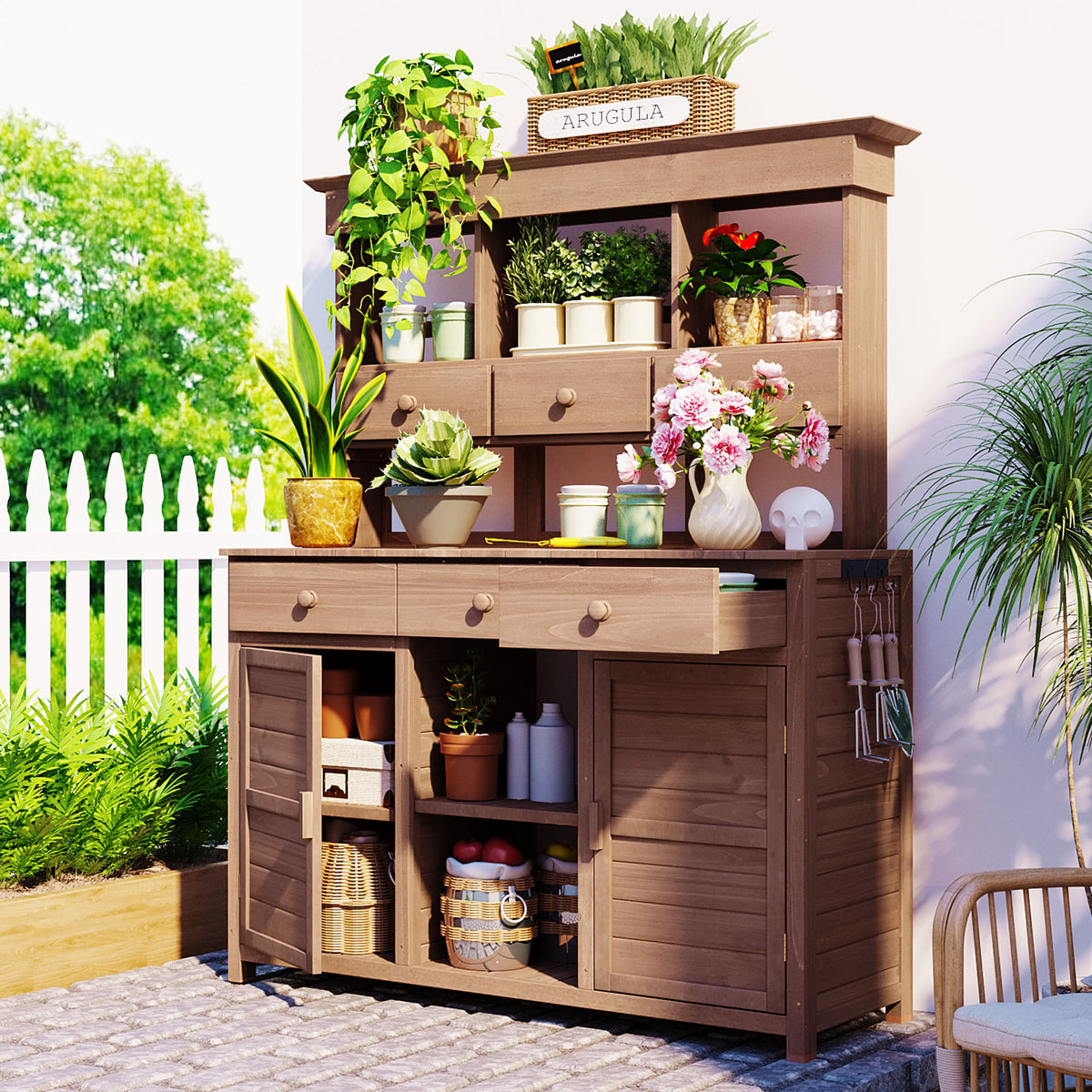 [Assembly Video Provided] TOPMAX 65.7'' H Tall Garden Potting Bench Table with Hutch,Patio Storage Workstation with 3 Shelves,6 Drawers,2 Bottom Cabinets&Side Hooks for Mudroom,Doorway, Brown