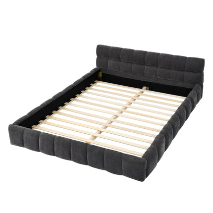 Modern Queen Size Platform Bed Frame with Thick Chenille Fabric in Dark