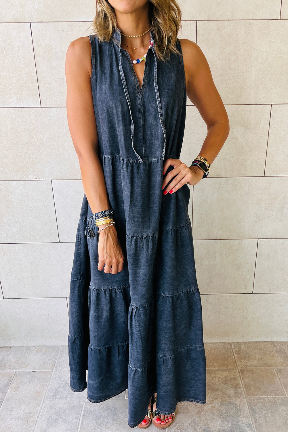 Real Teal Sleeveless Tiered Chambray Maxi Dress - Eloy Royal