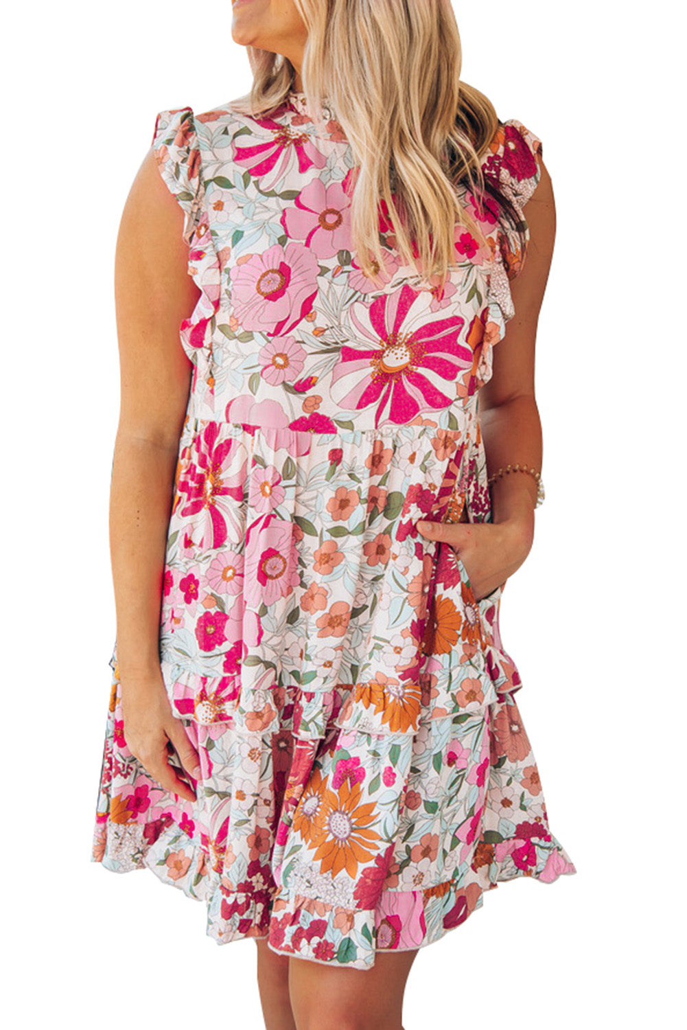 Floral Print Casual Ruffled Sleeveless Tiered Short Dress - Eloy Royal