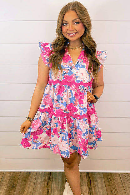 Pink Floral Printed V Notched Ric Rac Flutter Dress - Eloy Royal