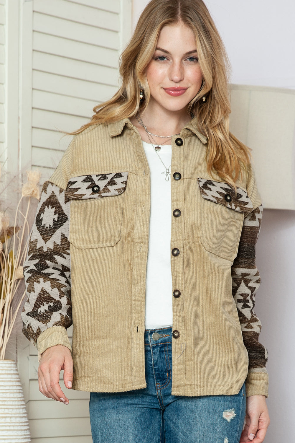 Wholesale Khaki Geometric Print Patchwork Frayed Edge Corduroy Jacket - Eloy Royal