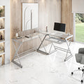 L-Shaped Tempered Glass Top Computer Desk with Pull Out Keyboard Panel, Clear