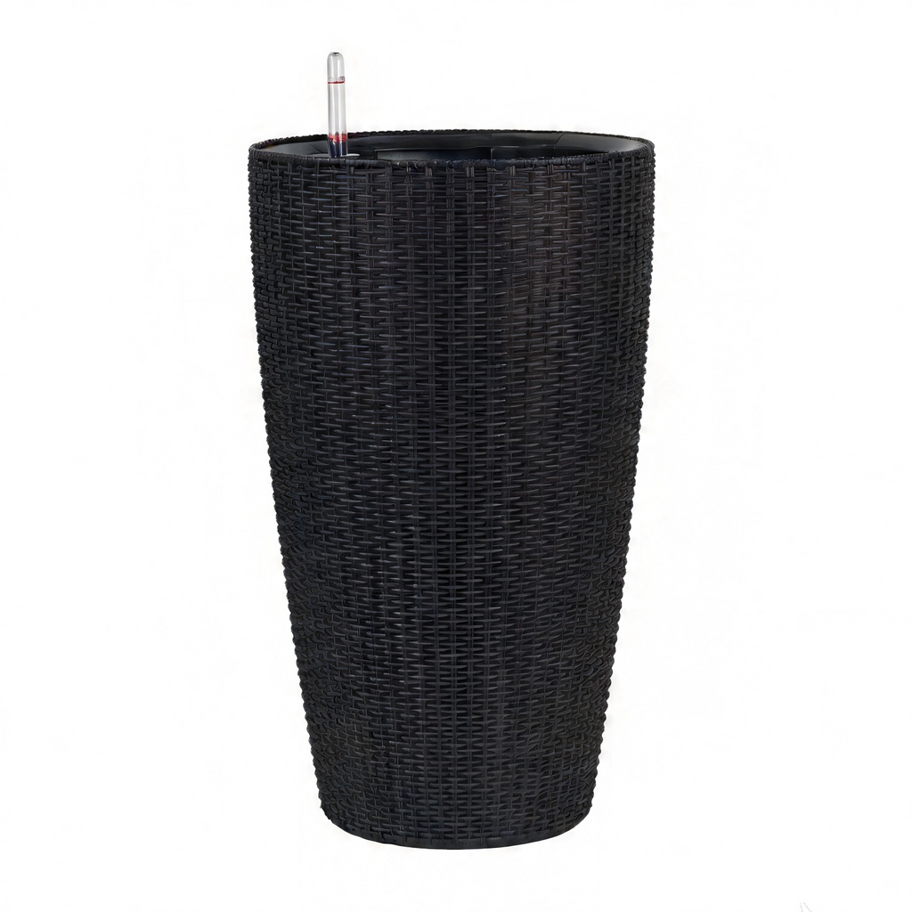 Faux Rattan Tall Planters Set with Water Level Monitor and Auto Watering, Black, Polypropylene, 22 Inch