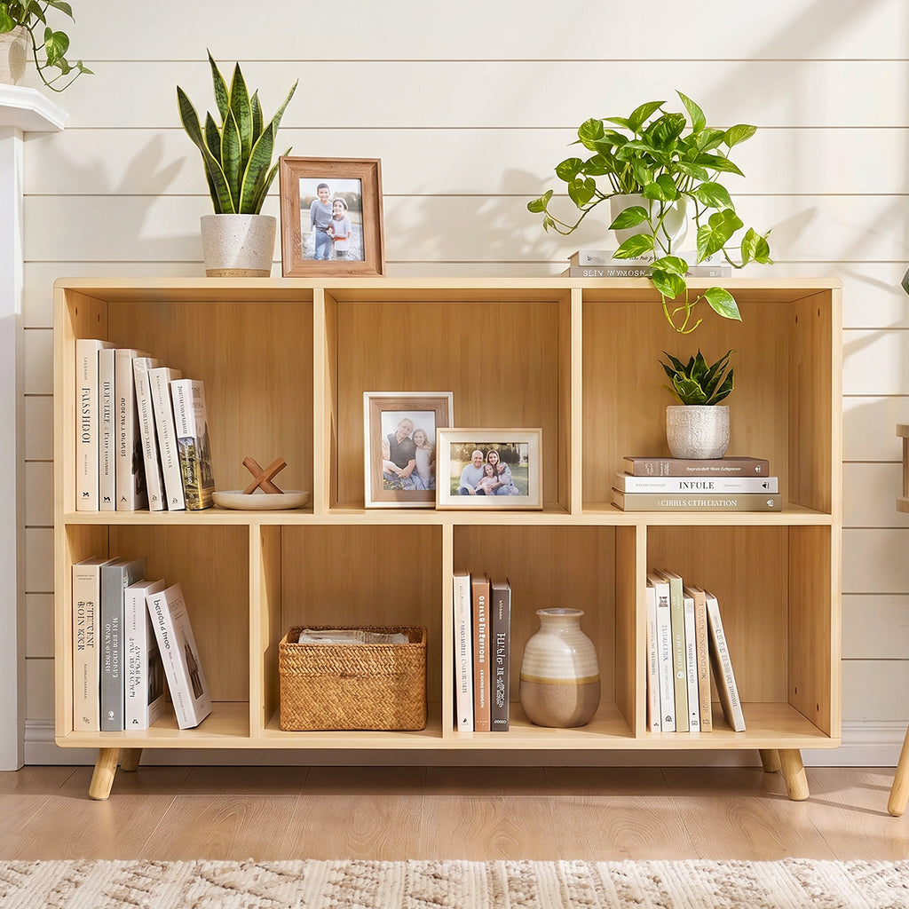 Wooden Bookshelf,  2-Tier Bookcase, 7 Cube Storage Organizer, Open Book Shelf with Legs for Home Office, Living Room, Study