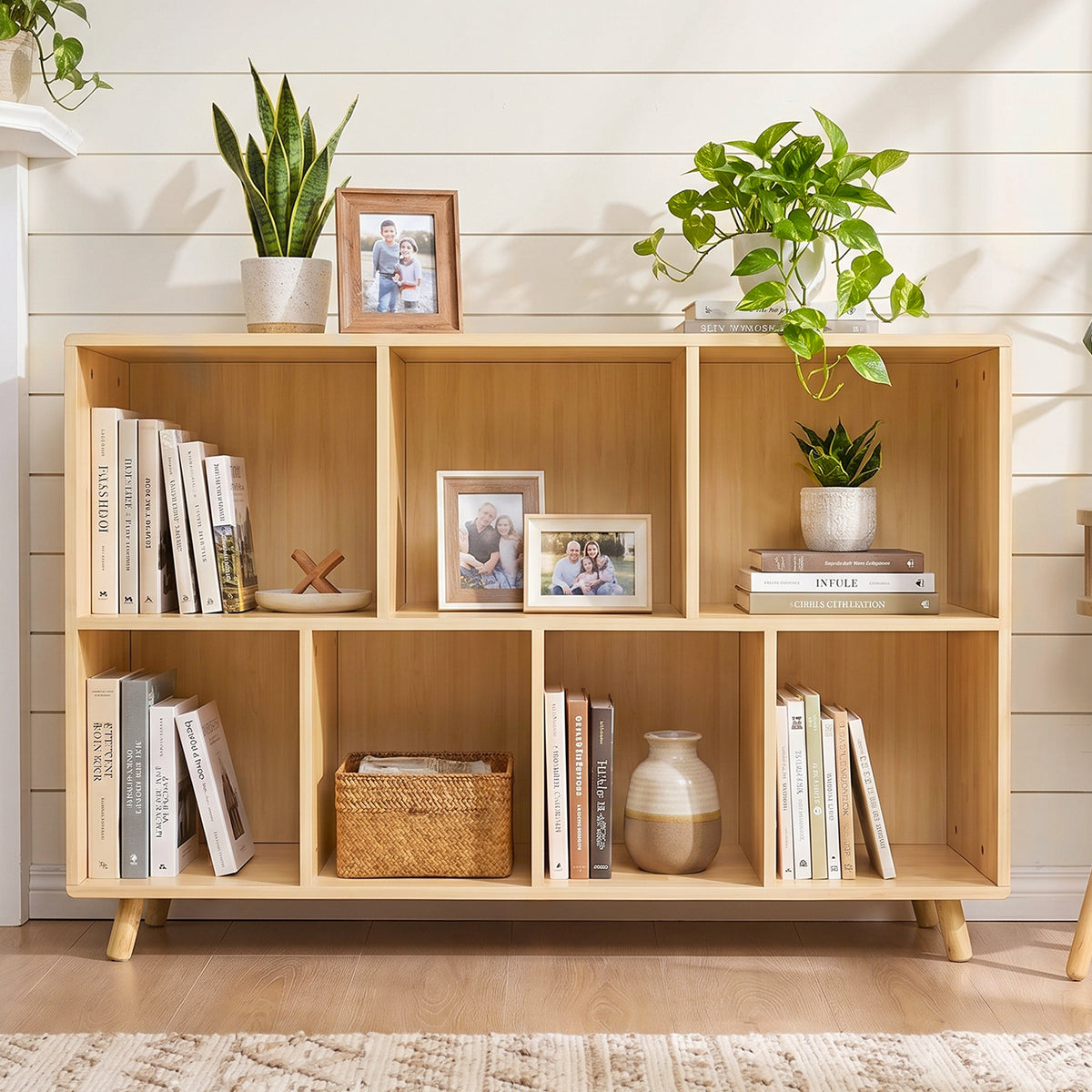 Wooden Bookshelf,  2-Tier Bookcase, 7 Cube Storage Organizer, Open Book Shelf with Legs for Home Office, Living Room, Study