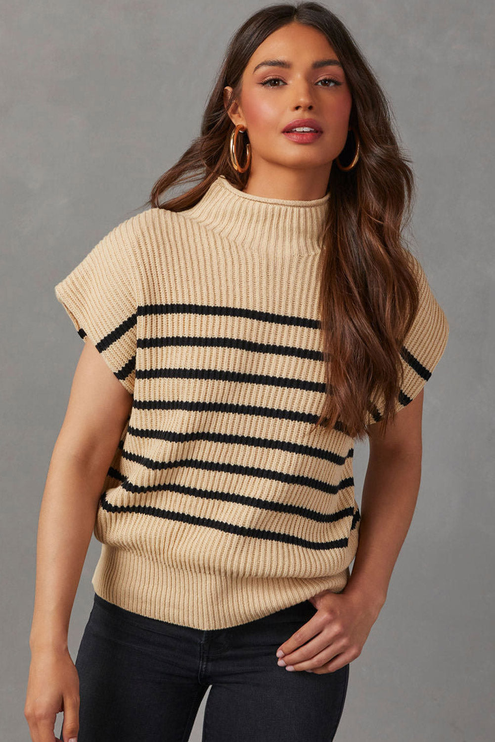 Wholesale Parchment Striped Knit Mock Neck Short Sleeve Sweater - Eloy Royal