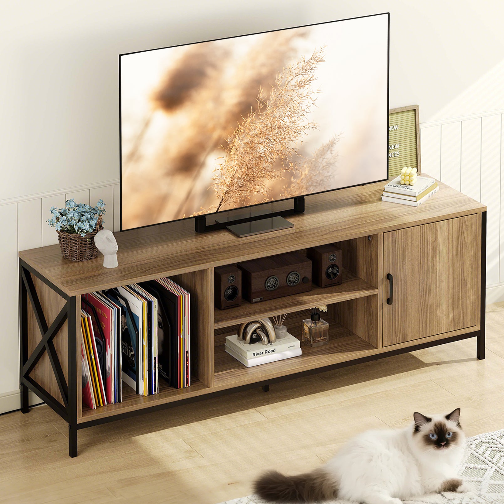 Modern TV Stand for 65 Inch TV, Mid-Century Media Console with Storage, OAK