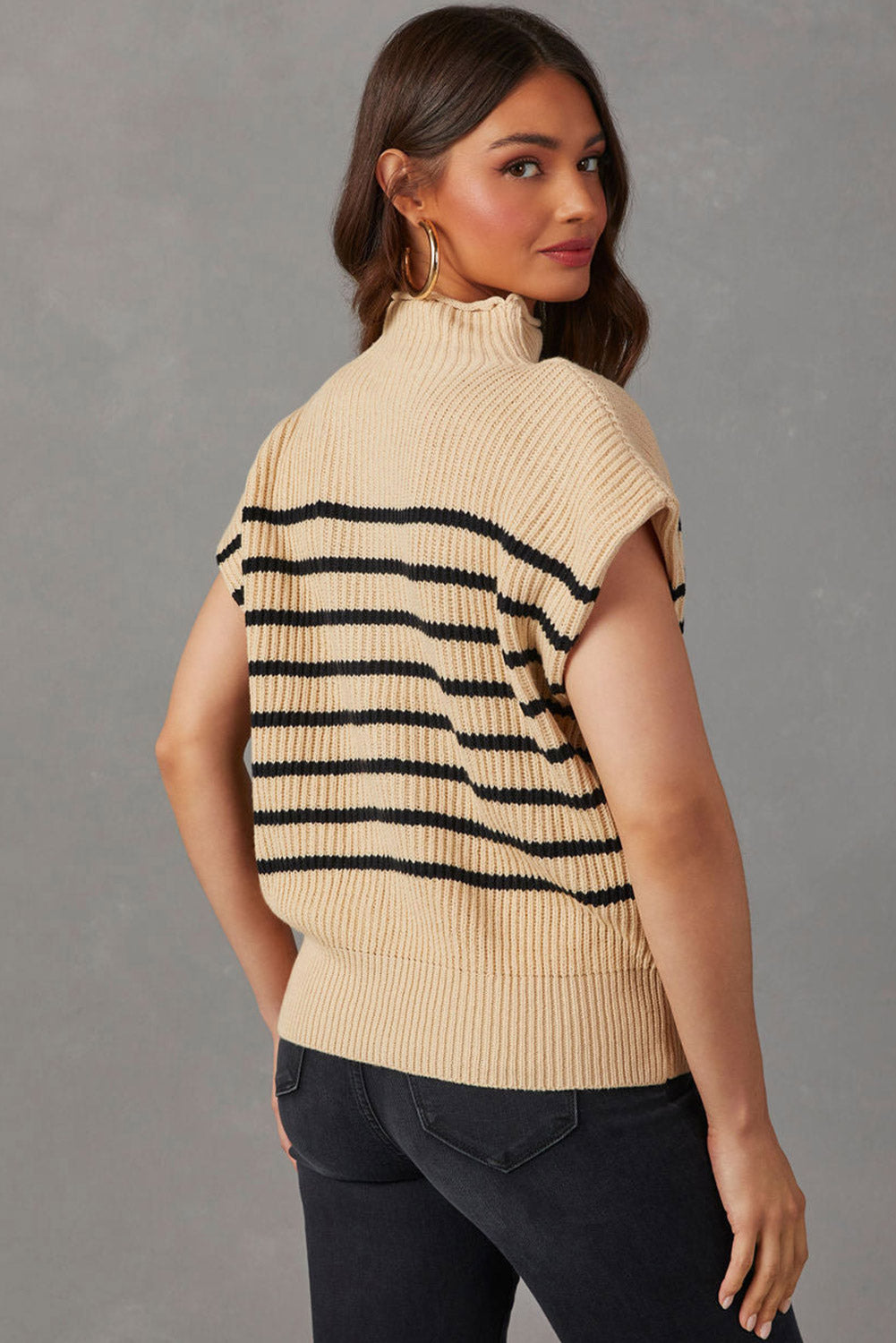 Wholesale Parchment Striped Knit Mock Neck Short Sleeve Sweater - Eloy Royal