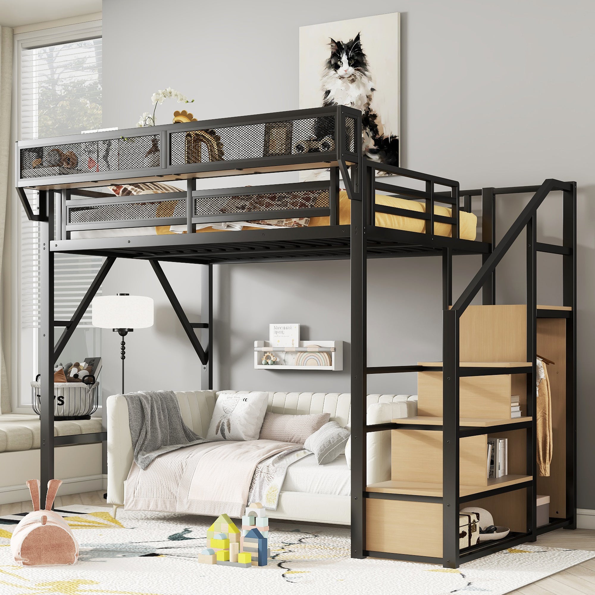 Full Size Loft Bed with Stairs, Metal Full Loft Bed with Storage Shelves, High Loft Bed with Wardrobe for Kids Teens, Black(Old SKU W2580S00029 ) Patent Products
