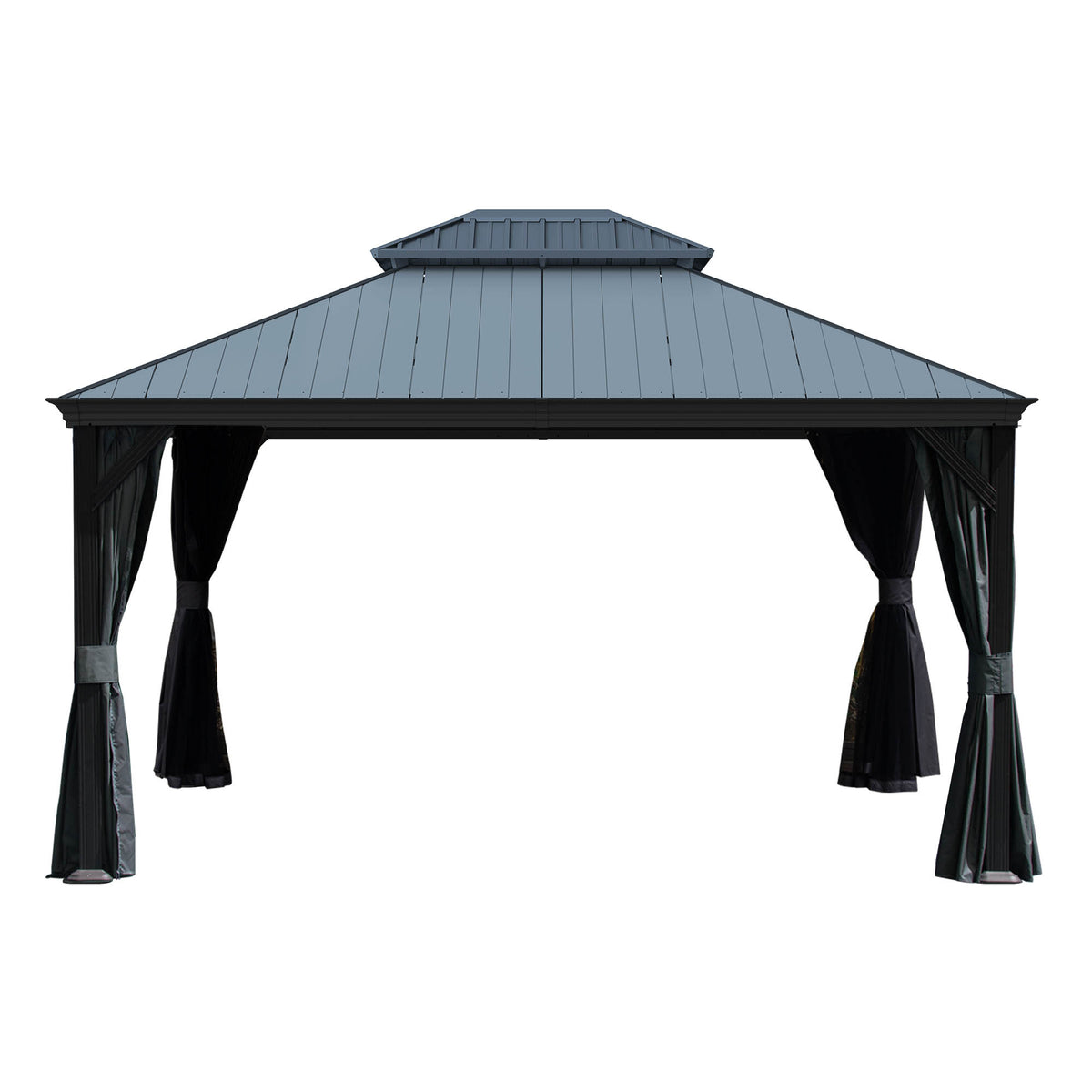 12'x14' Hardtop Gazebo with Resin Roof, Outdoor Metal Gazebo with Drainage Gutters, Permanent Heavy Duty Pavilion for Patio, Backyard and Deck, Curtains and Mosquito Netting Included