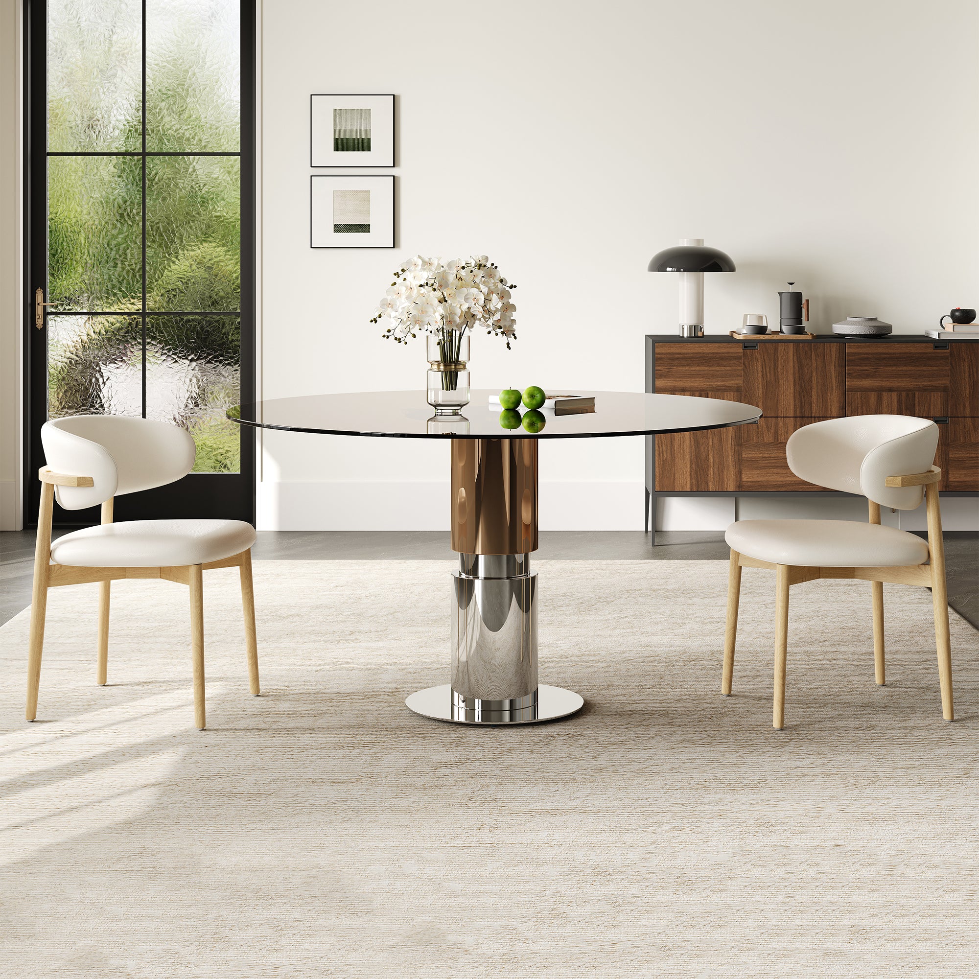 35-inch round glass dining table, tempered glass tabletop, stainless steel legs, suitable for 2-4 people. Dark brown small round dining table, suitable for restaurants and apartments(table+ 2 chair)