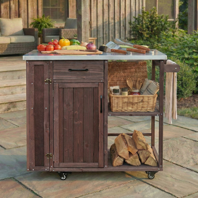 Outdoor Kitchen Island Fir Wood Prep Station Lockable Kitchen Cart with Stainless