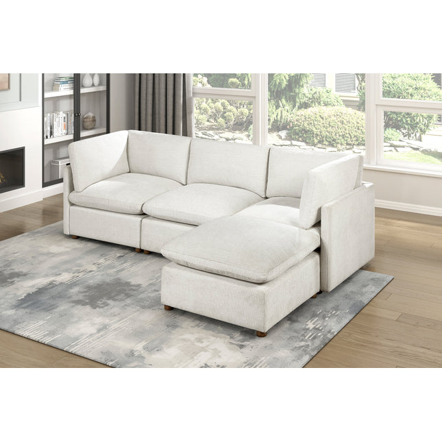 Modern Modular 4-Piece Sectional Sofa Ottoman Set Beige Fabric Upholstered Durable Solid Wood Frame Living Room Furniture