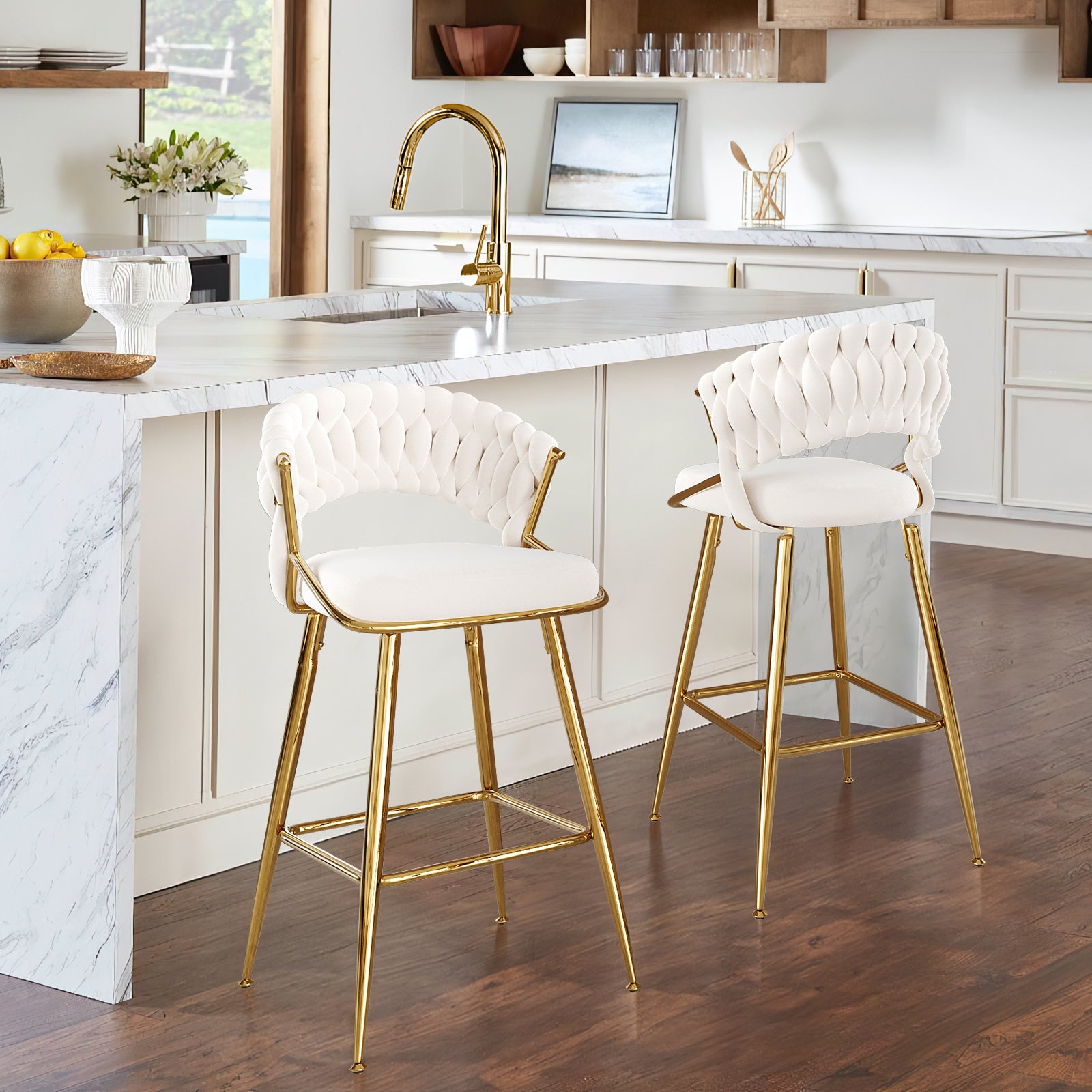 25.2' Modern Velvet Counter Stool with Gold Accents, Ergonomic Design & Plush Seat for Kitchen Island & Bar