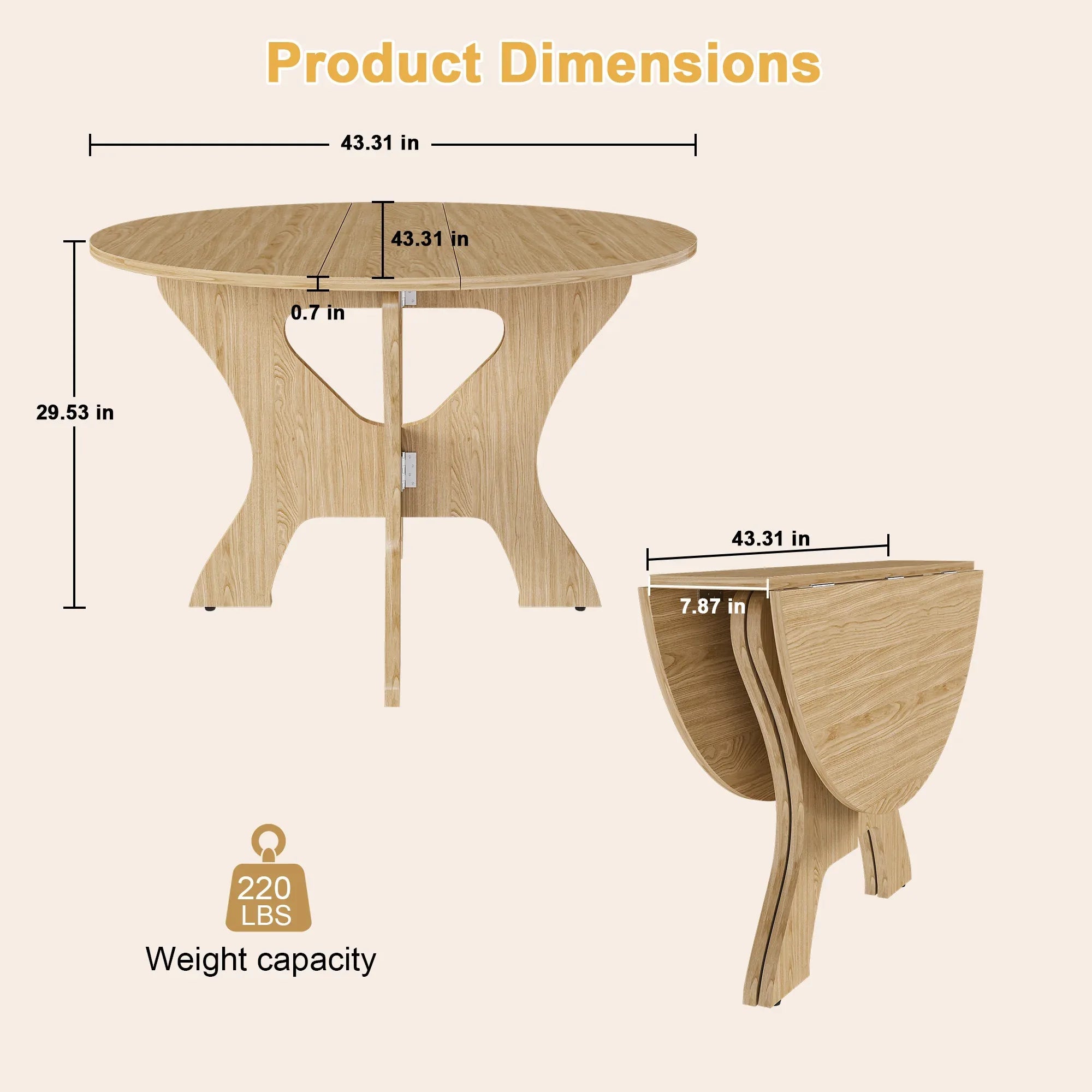 43 in Folding Dining Table for Small Spaces, MDF Table with Wild Oak Veneer, Space Saving Foldable Kitchen Table for Indoor and Outdoor Use - Eloy Royal