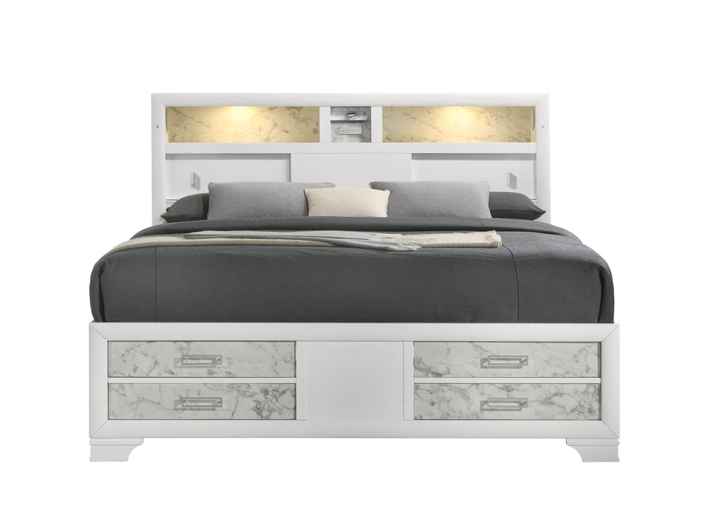 Soul Modern Style Queen Bed with Footboard drawers and shelves in the headboard Made with Wood in White