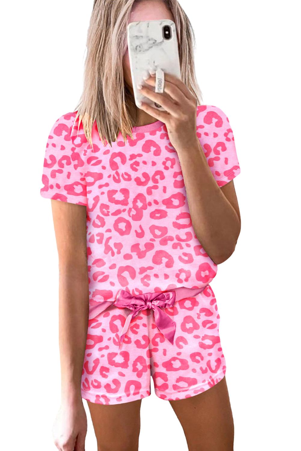 Pink Leopard Print Drawstring Shorts Loungewear Set - Eloy Royal