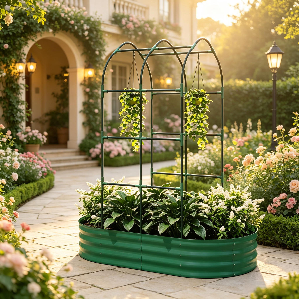 Galvanized Metal Raised Garden Bed with Arched Trellis, 5' x 3' x 6' Outdoor Elevated Planter Box, Open Bottom Design for Climbing Plants