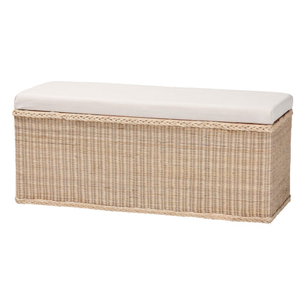 Braided Natural Rattan Storage Bench with Cushioned Lift-Top Lid - Coastal Boho Style Chest for Bedroom, Entryway, or Living Room Organization, Natural, 45' Rectangle