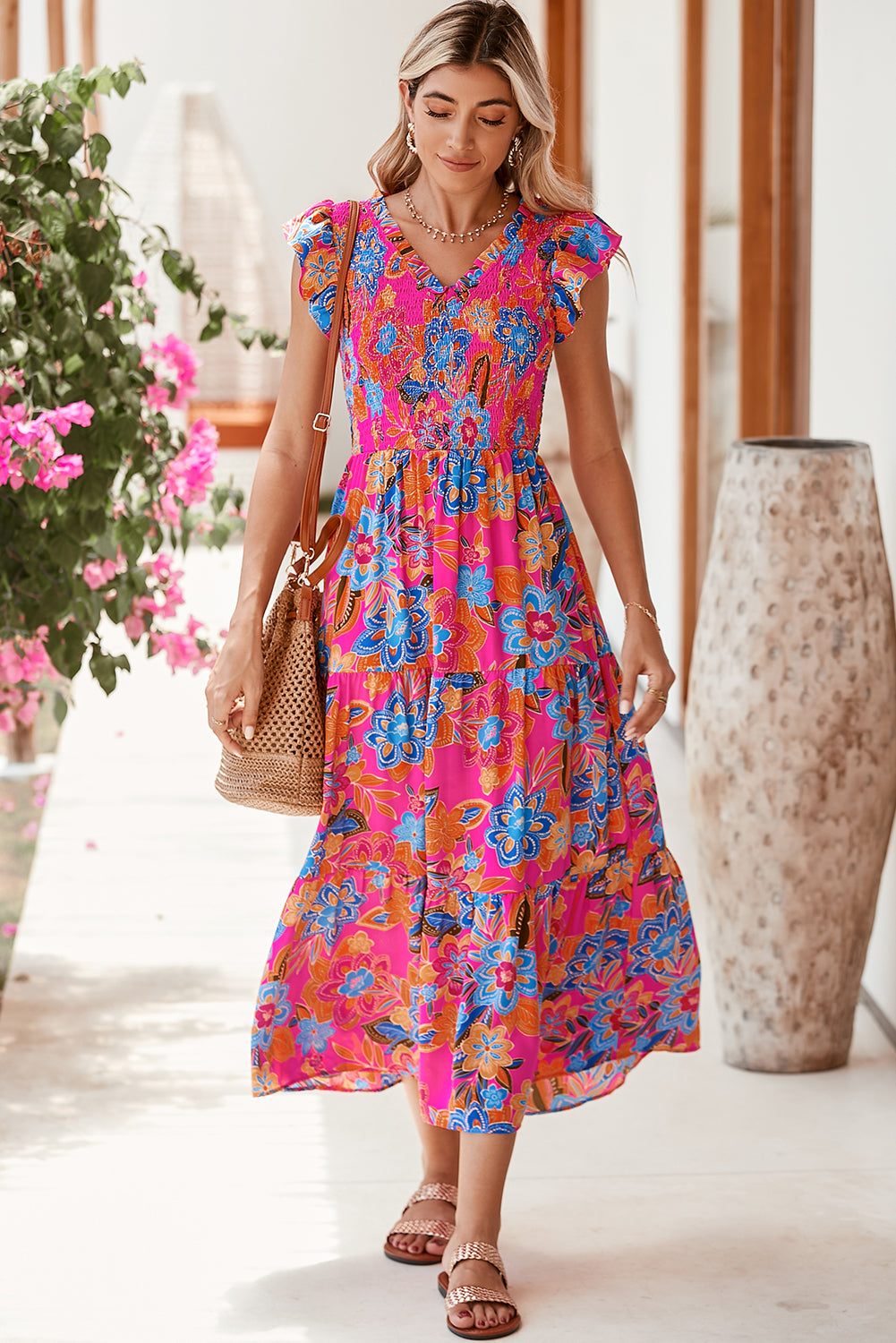 Dark Blue Boho Floral V Neck Ruffle Tiered Long Dress - Eloy Royal