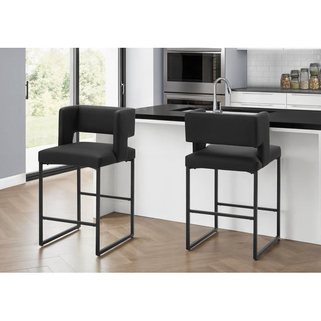 Barstool, Counter Height, Set Of 2, Kitchen, Black Leather Look, Black Metal, Contemporary, Modern