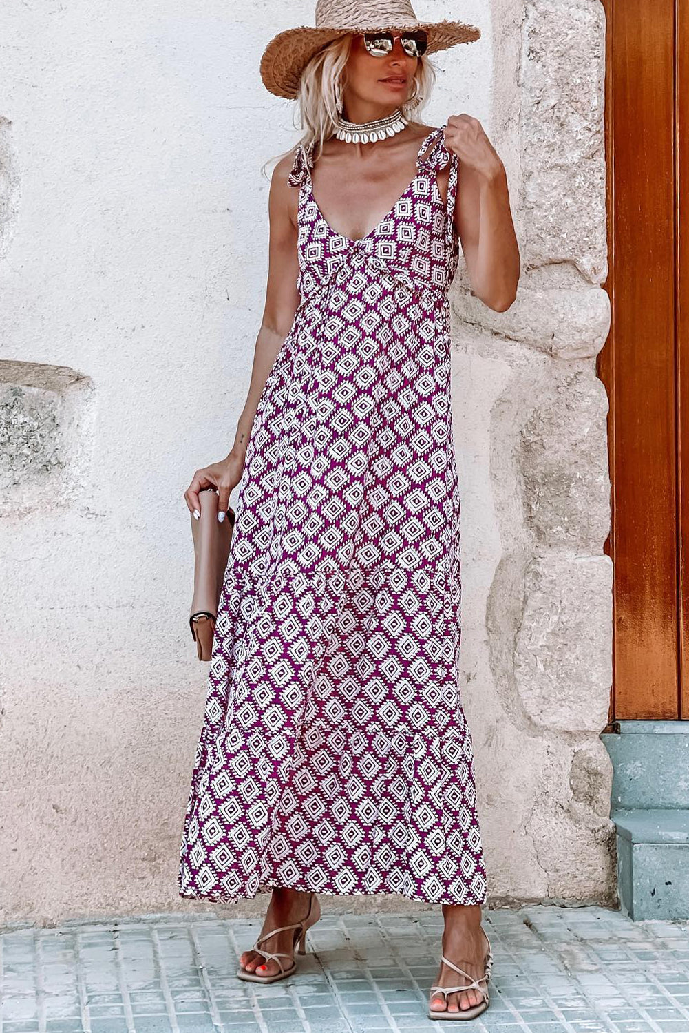 Purple Geometric Print Knotted Straps V Neck Maxi Dress - Eloy Royal