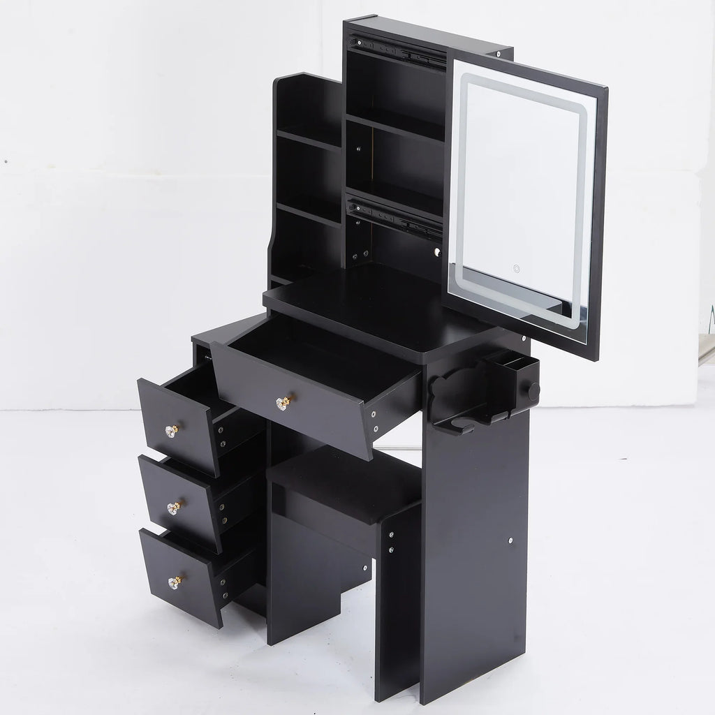 29.2' Small Size Left Bedside Cabinet Vanity Table + Cushioned Stool, 2 AC+2 USB Power Station, Hair dryer bracket, Extra Large Touch Control Sliding LED Mirror, Tri-color Switching, Brightness Adjust - Eloy Royal