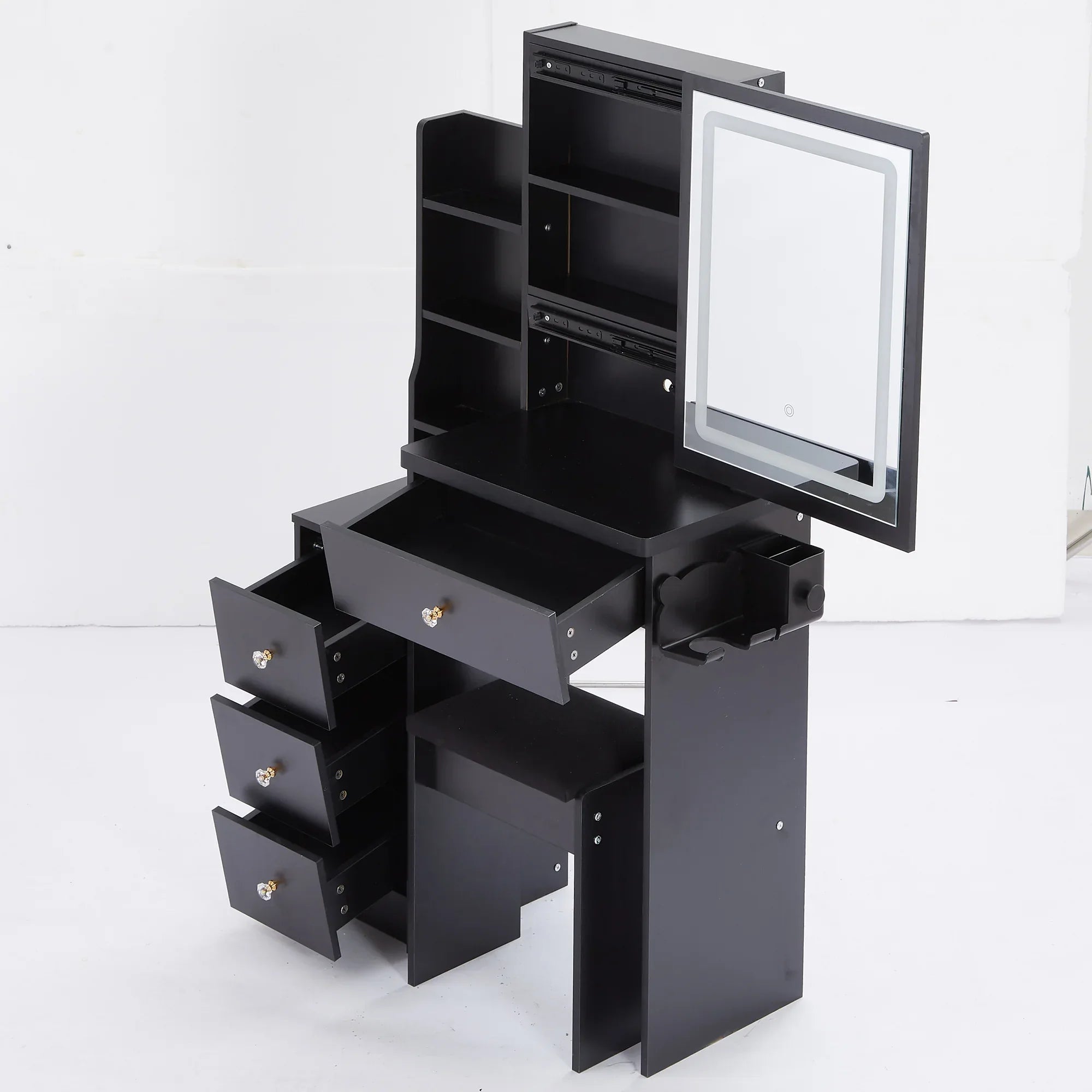 29.2' Small Size Left Bedside Cabinet Vanity Table + Cushioned Stool, 2 AC+2 USB Power Station, Hair dryer bracket, Extra Large Touch Control Sliding LED Mirror, Tri-color Switching, Brightness Adjust - Eloy Royal