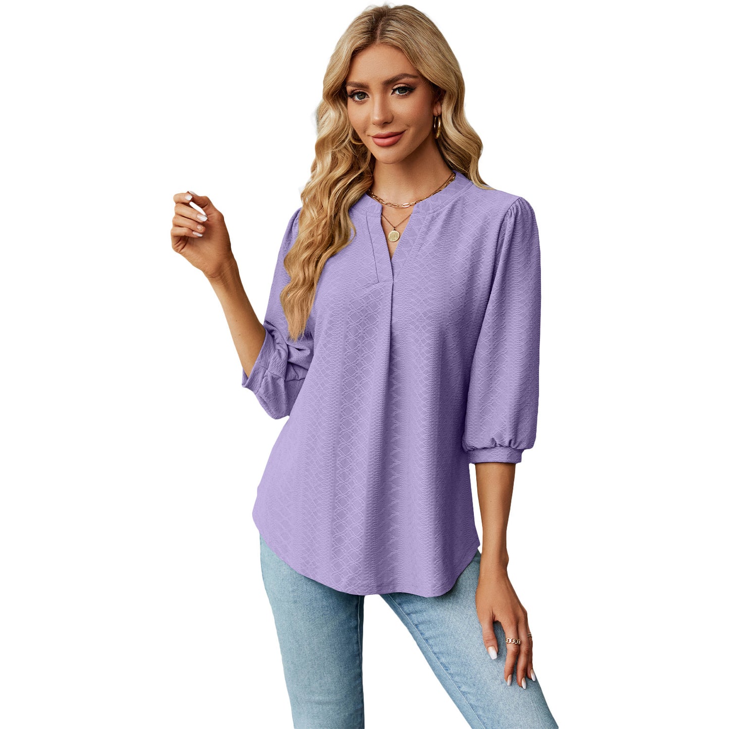 Solid Color Lace Collar Jacquard Long Sleeve Loose-fitting T-shirt Top