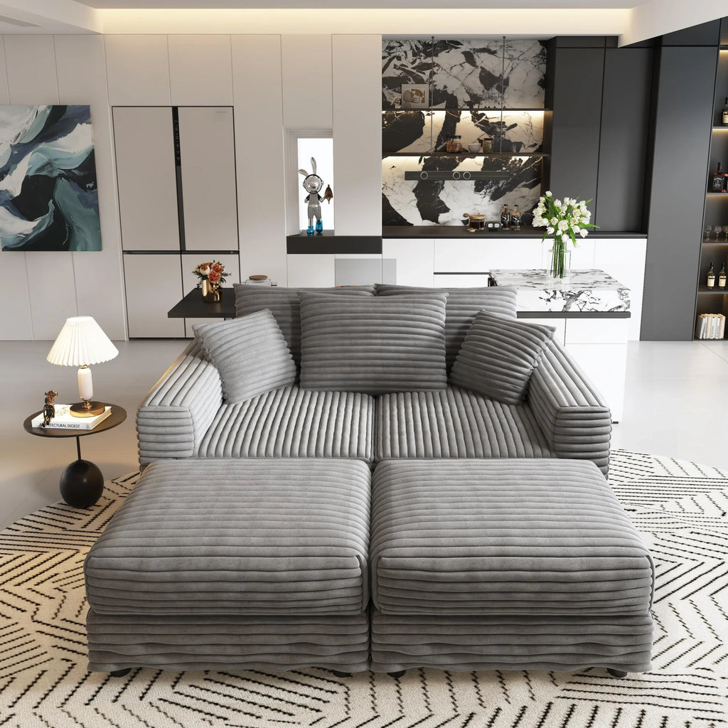 82.7 'Plush Corduroy 3-Seat Sofa,Modern Comfy Upholstered Sofa Cloud Couch,Deep Seat Couches with Soft Pillows and 2 Ottomans,Convertible Sofa Lounge Chair,for Living Room,Apartment,Office,Grey - Eloy Royal
