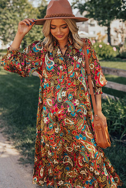 Yellow Paisley Abstract Print Collared 3/4 Sleeve Midi Dress - Eloy Royal