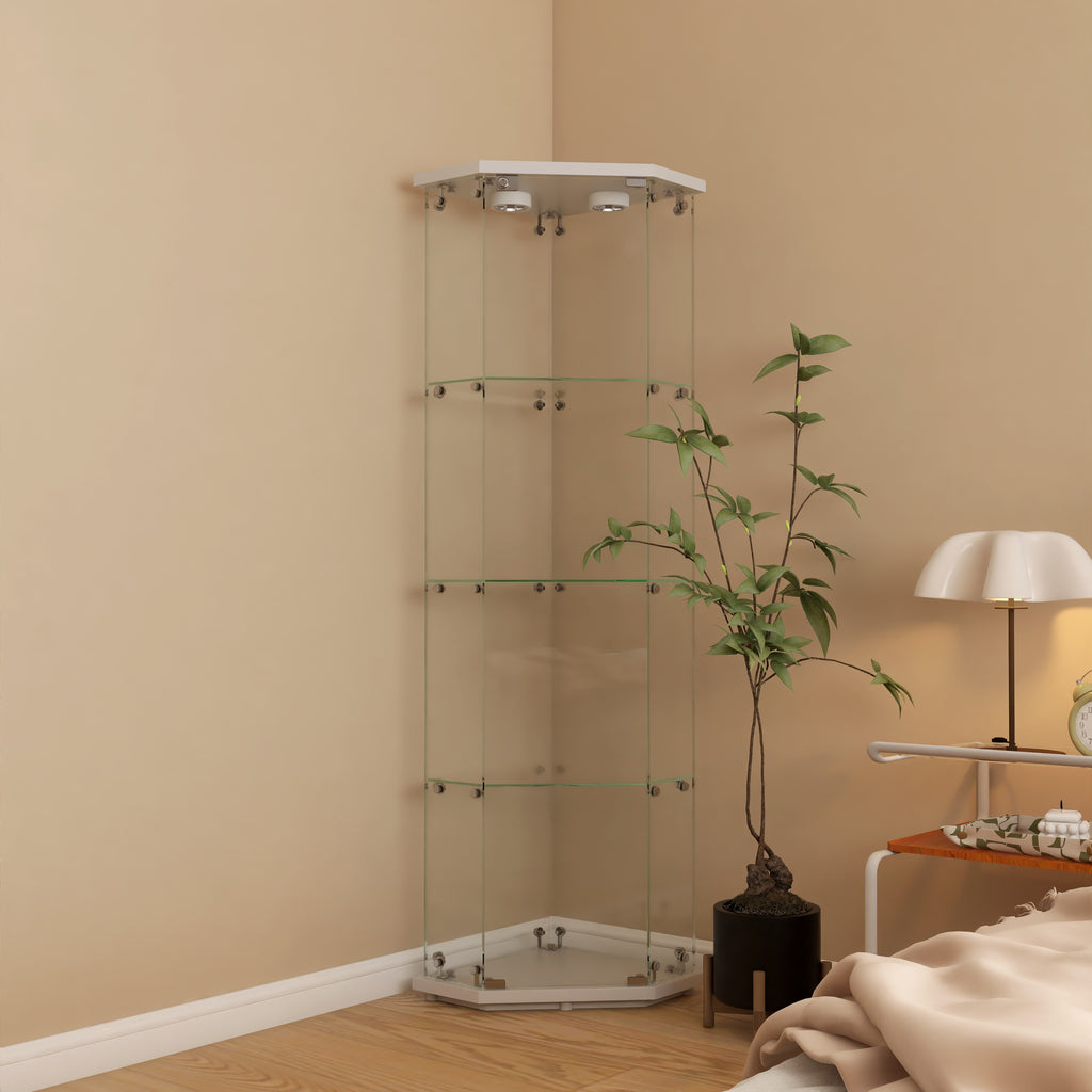 Lighted Corner Cabinet, 4 Shelves Glass Cabinet Glass Display Cabinet with One Door, White