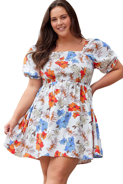 White Floral Smocked Flared Plus Size Dress - Eloy Royal