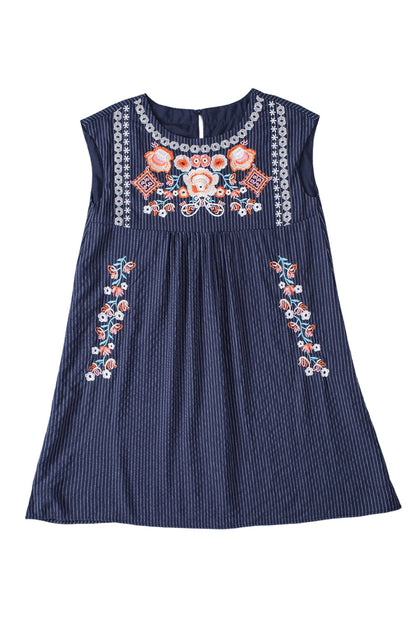 Navy Blue Boho Striped Cap Sleeve Embroidered Short Dress - Eloy Royal