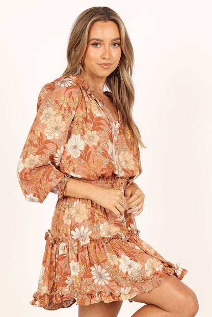 Camel Lace up Split Neck Tunic Floral Dress - Eloy Royal